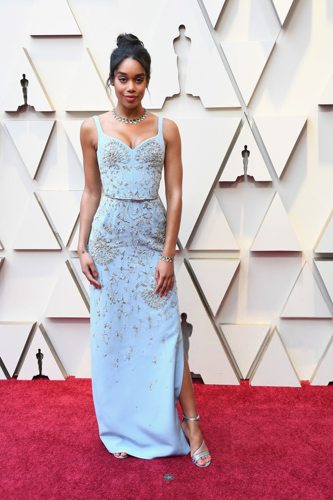 Laura Harrier Wore a Perfect Slip Dress With Slides and a Louis Vuitton Bag